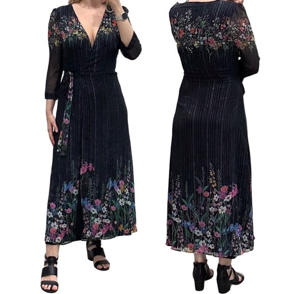 Anthropologie Dresses & Skirts - Anthropologie Laia Metallic Floral Print Midi Wrap Dress Black Navy Women's Sz S